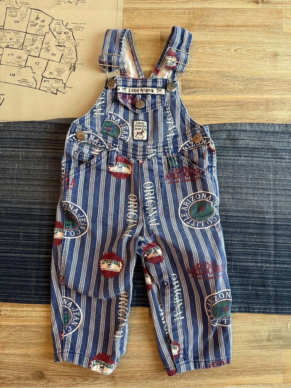 Arizona Jean Company 18 Month Vintage Overalls 90s patch print striped Americana